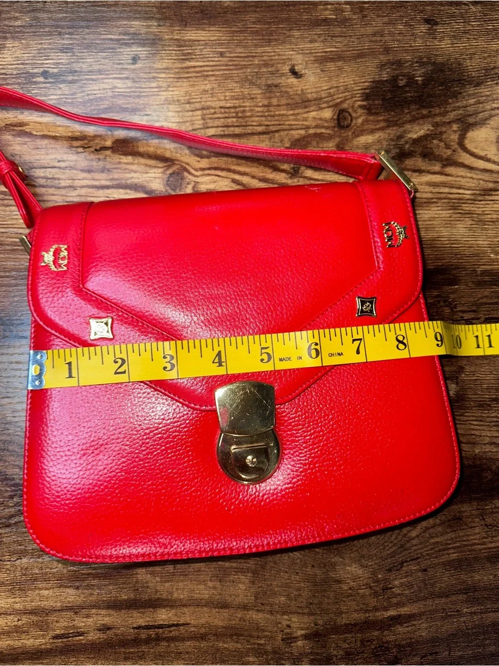 MCM Patricia Red Pebbled Leather Crossbody Bag Gold Studs  Vintage